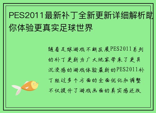 PES2011最新补丁全新更新详细解析助你体验更真实足球世界